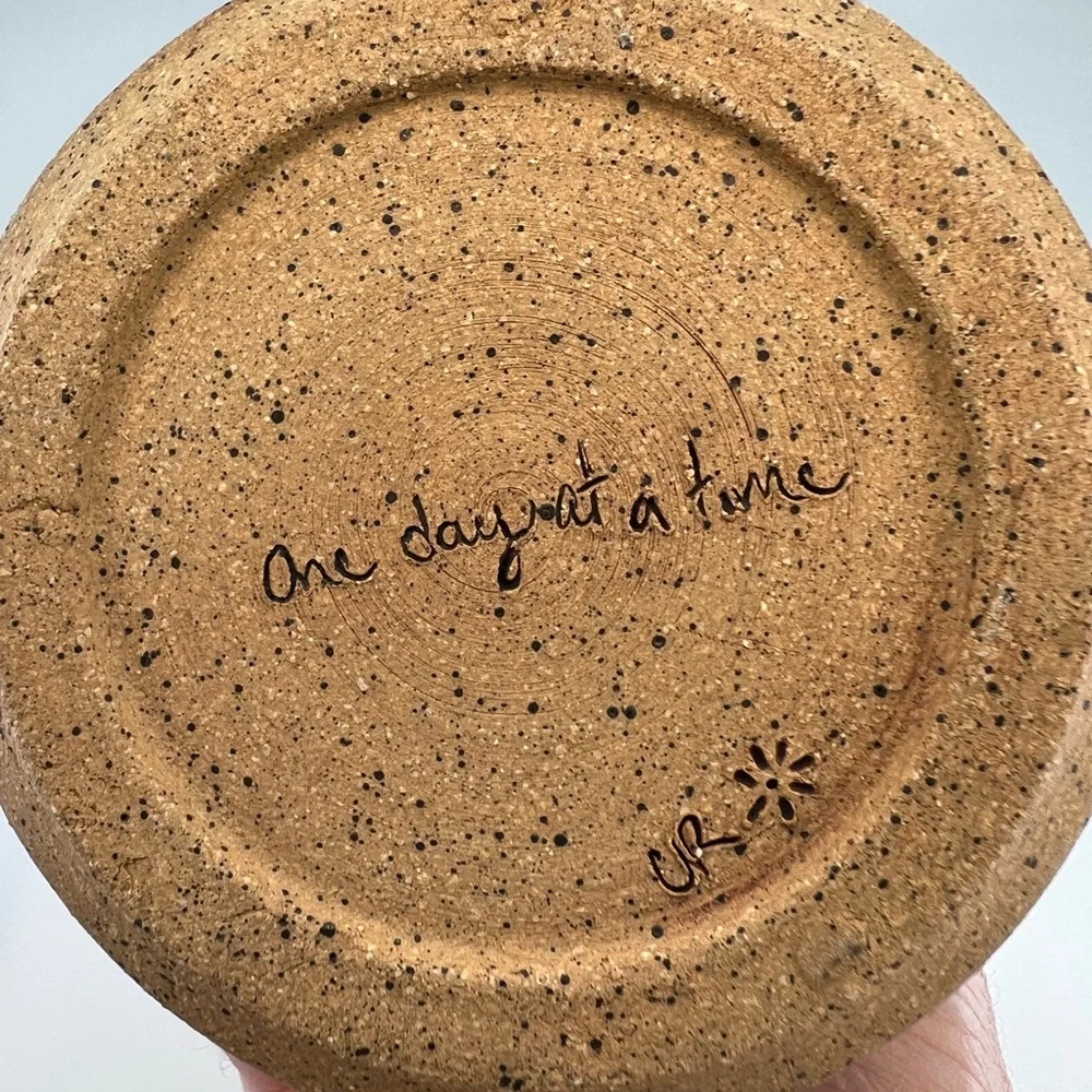 Folk Art Sandstone Pottery Vase “One Day At A Time” Fauna Print Artist Signed